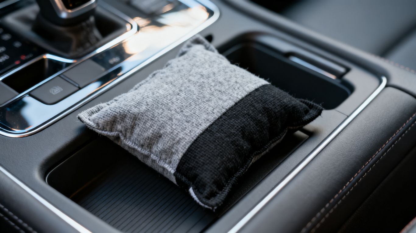 Reusable desiccant bags resting on a car console