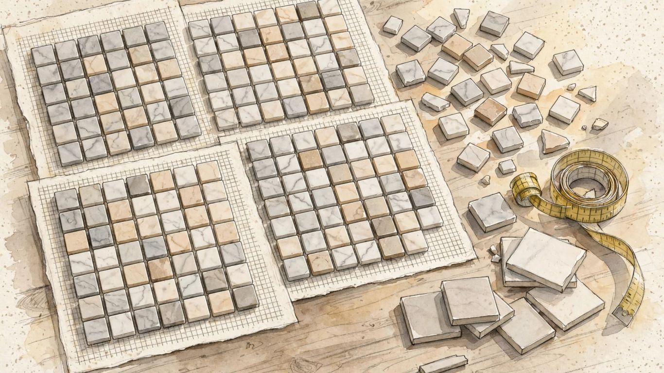 Illustrative sketch of marble mosaic sheets and sample pieces