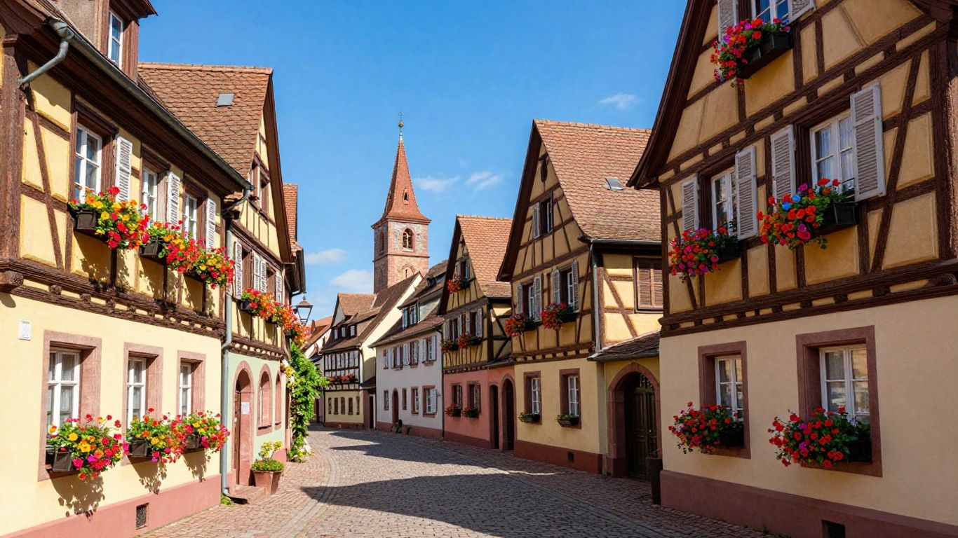 Colorful Alsatian village with cobblestone streets and half-timbered houses.