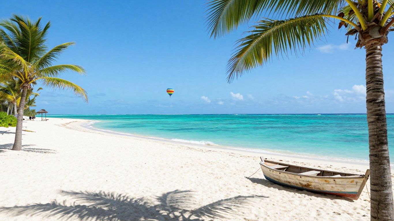 Tropical beach with palm trees and a hot air balloon.