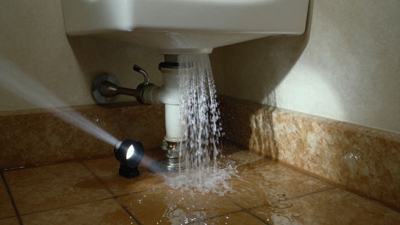 Burst pipe flooding bathroom at night