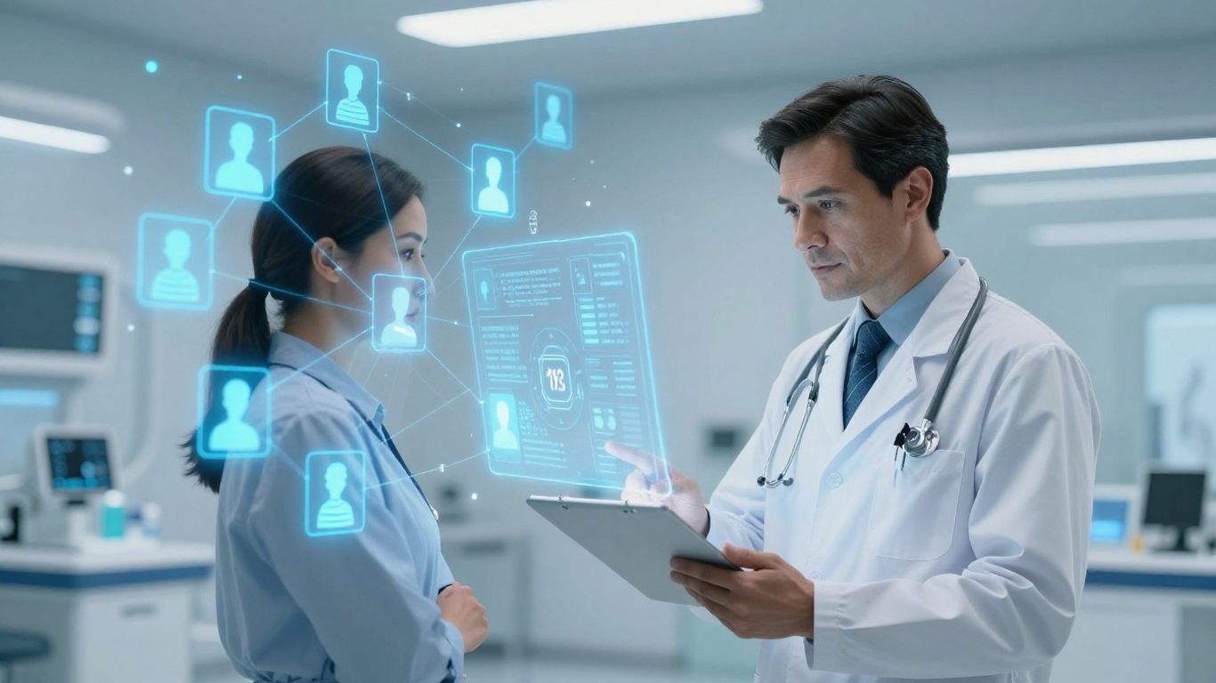 Blockchain technology in healthcare with patient data.