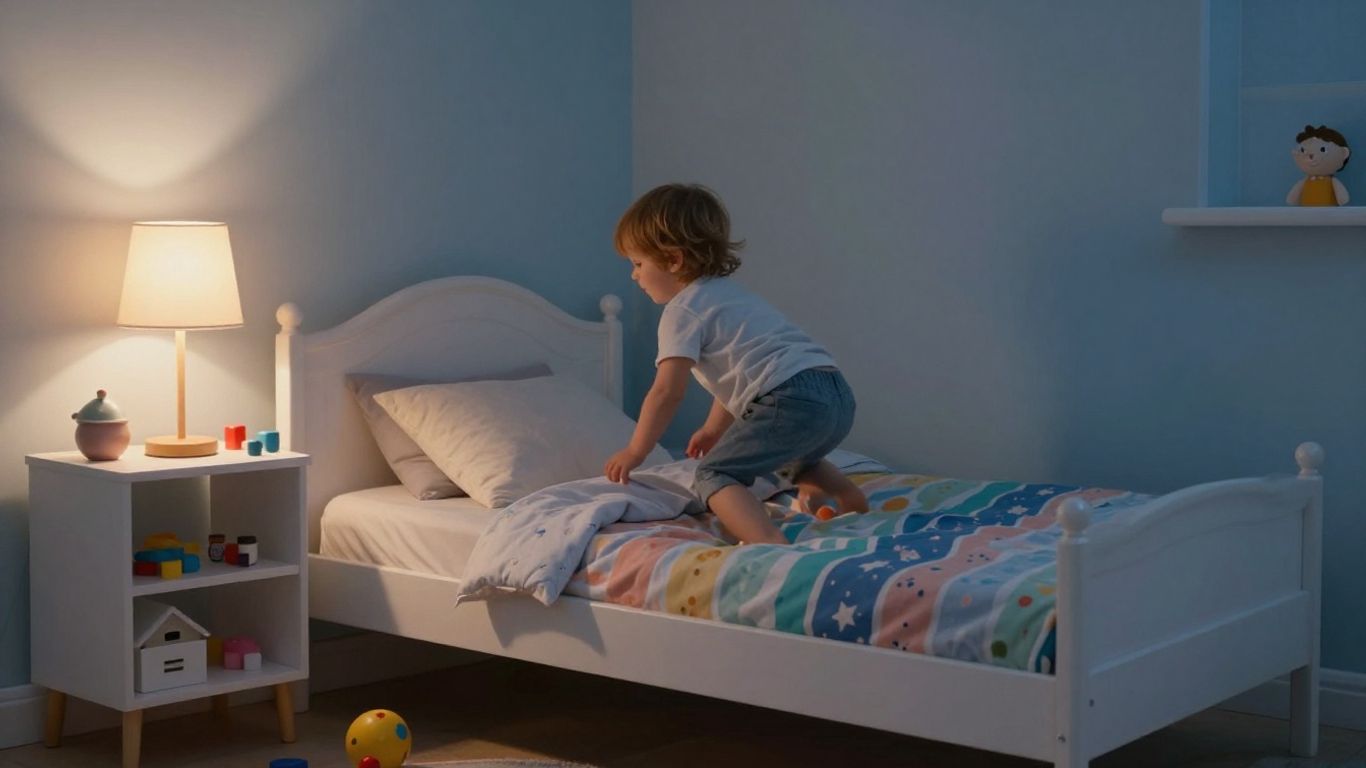 Kind klimt in peuterbed met zachte verlichting.