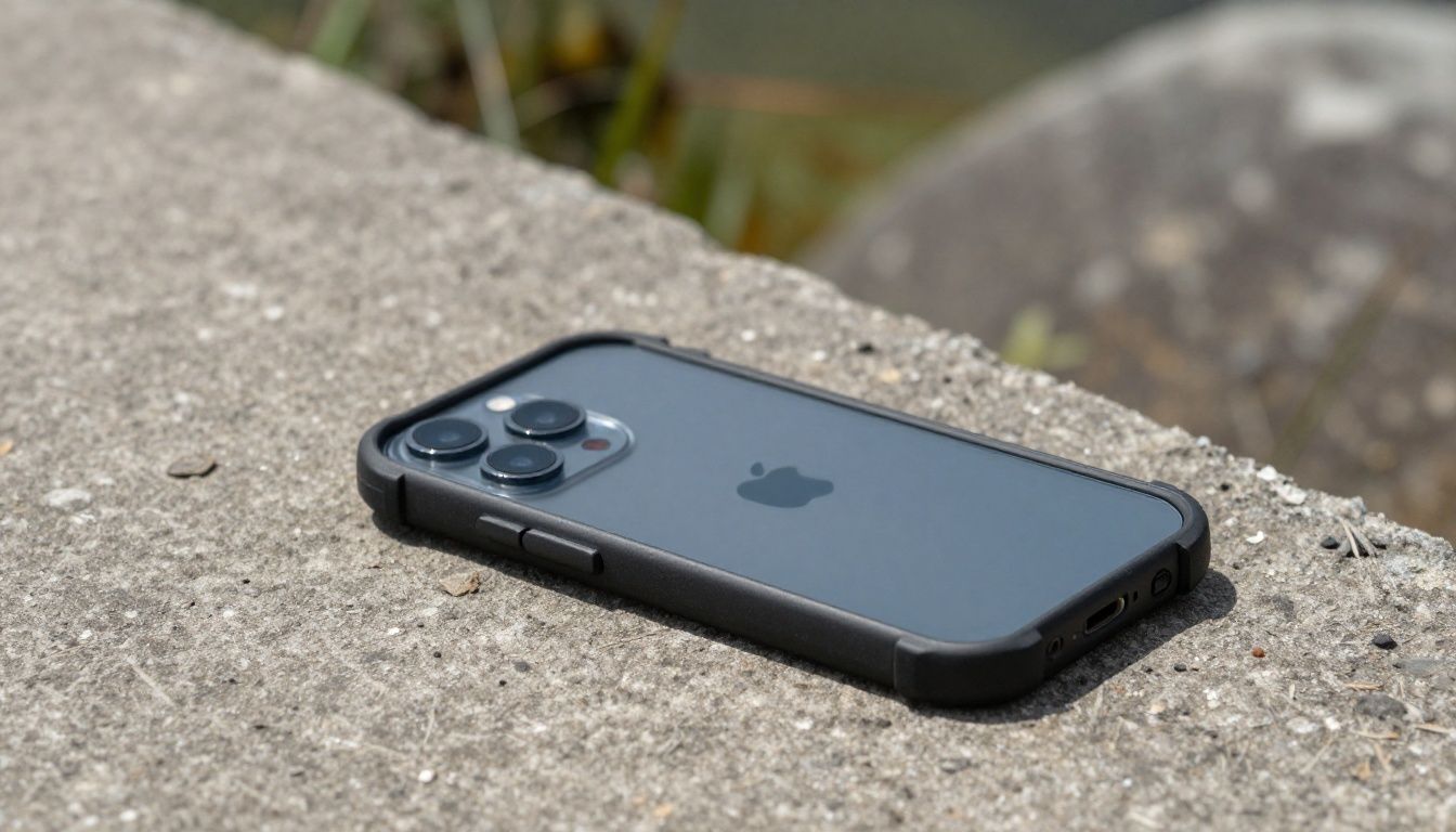 A person accidentally dropping their iPhone 16 Pro in a heavy-duty case onto a concrete path while hiking in the Blue Mountains, the phone bouncing safely.
