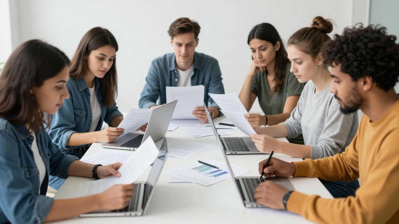 A diverse group of students reviewing documents at a desk