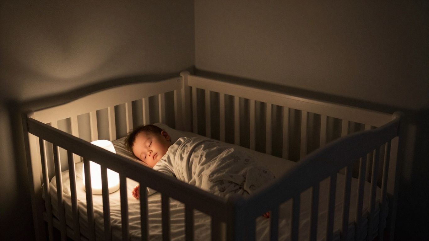 Baby schläft friedlich im abgedunkelten Zimmer.