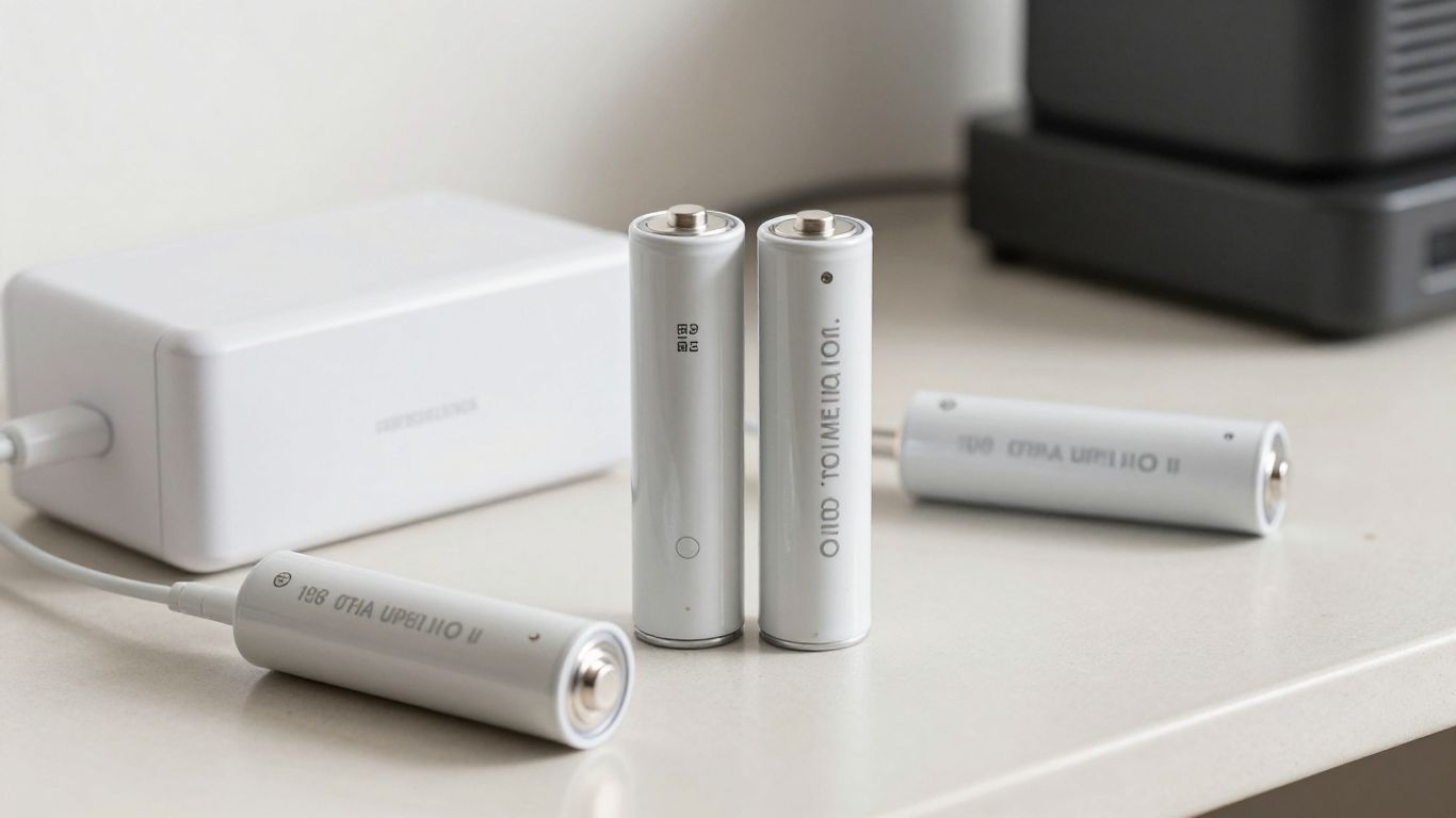 Lithium batteries charging on a neat workbench