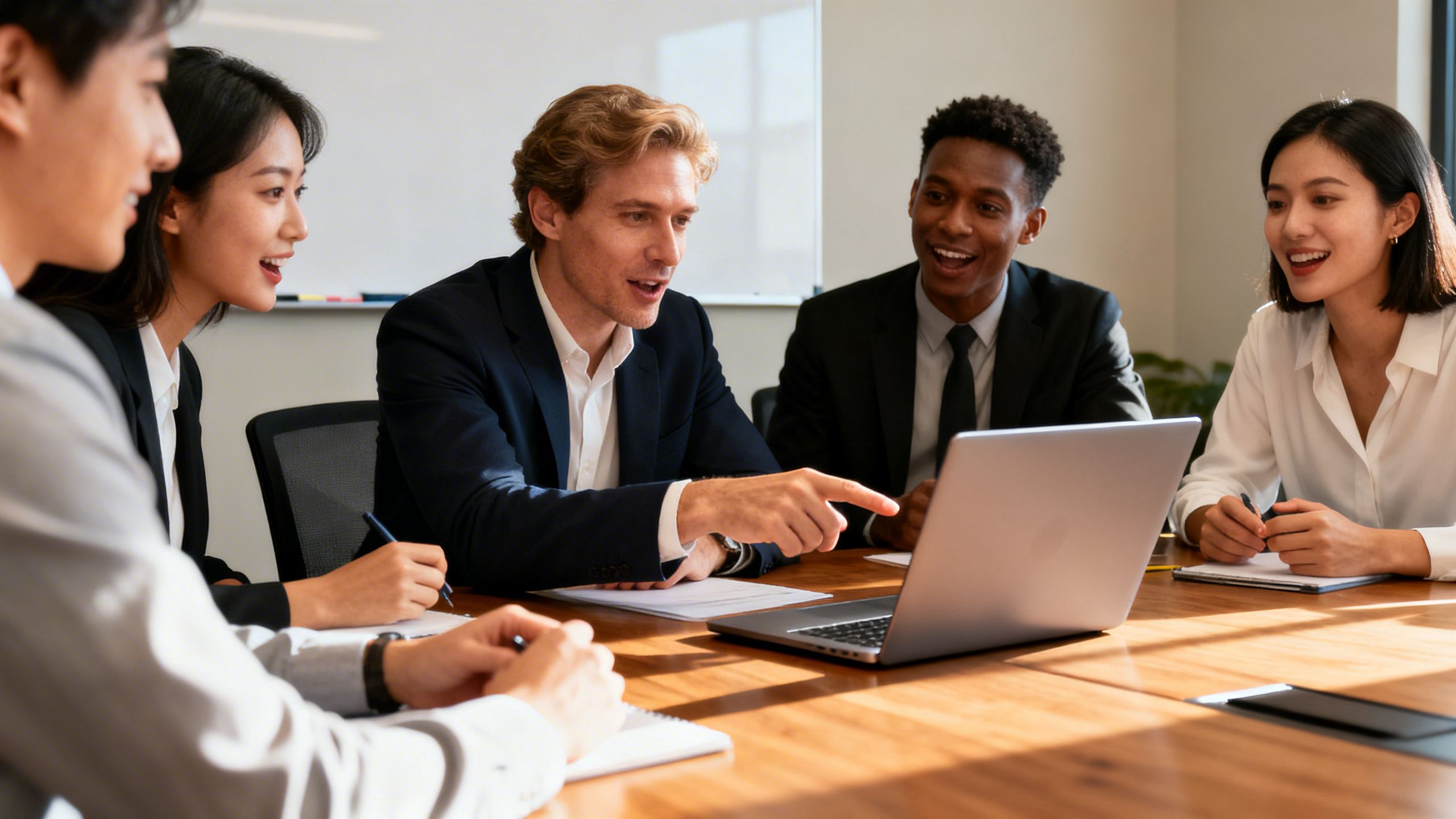 A diverse team of business professionals in a meeting, discussing options and pointing at a laptop
