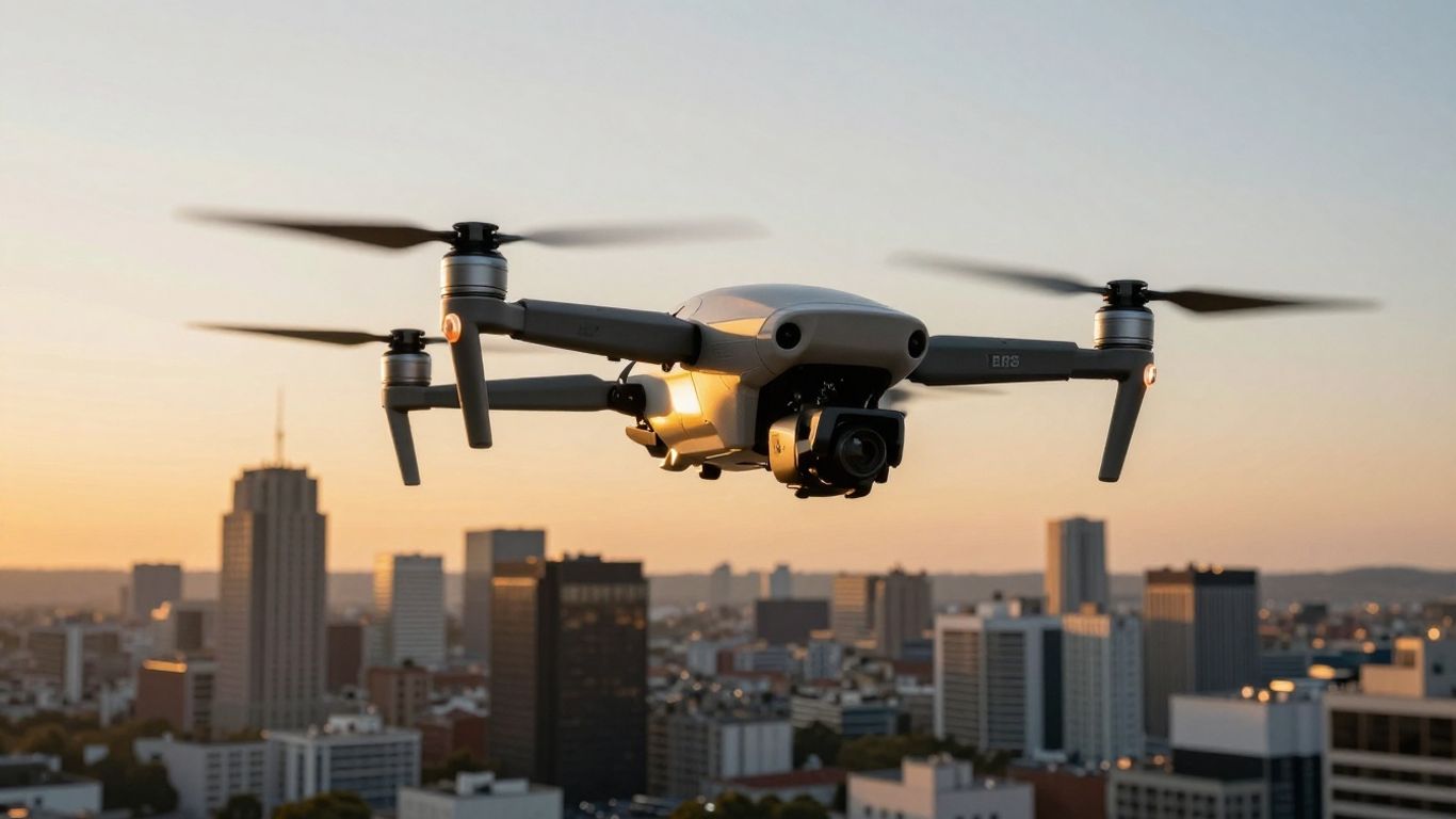 Commercial drone flying over a city skyline.