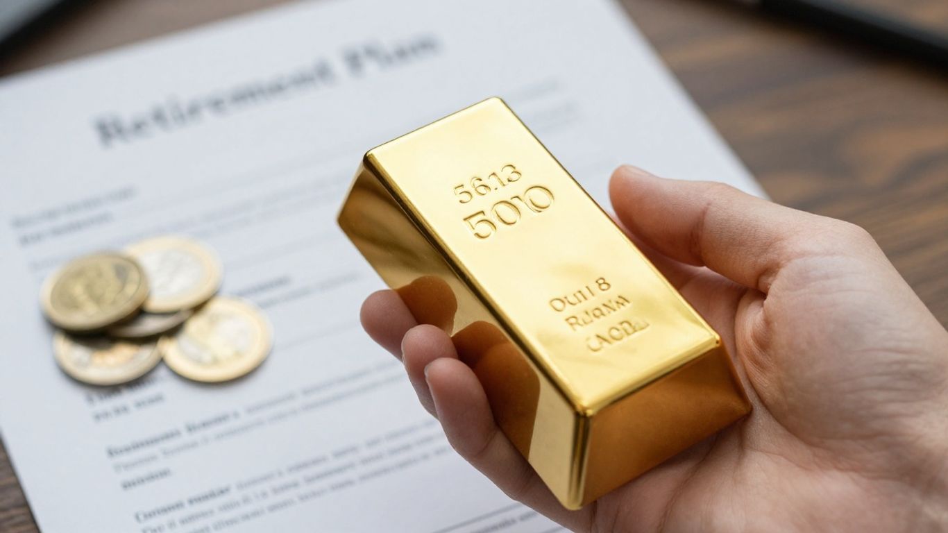 金手拿著金條，旁邊是退休文件。