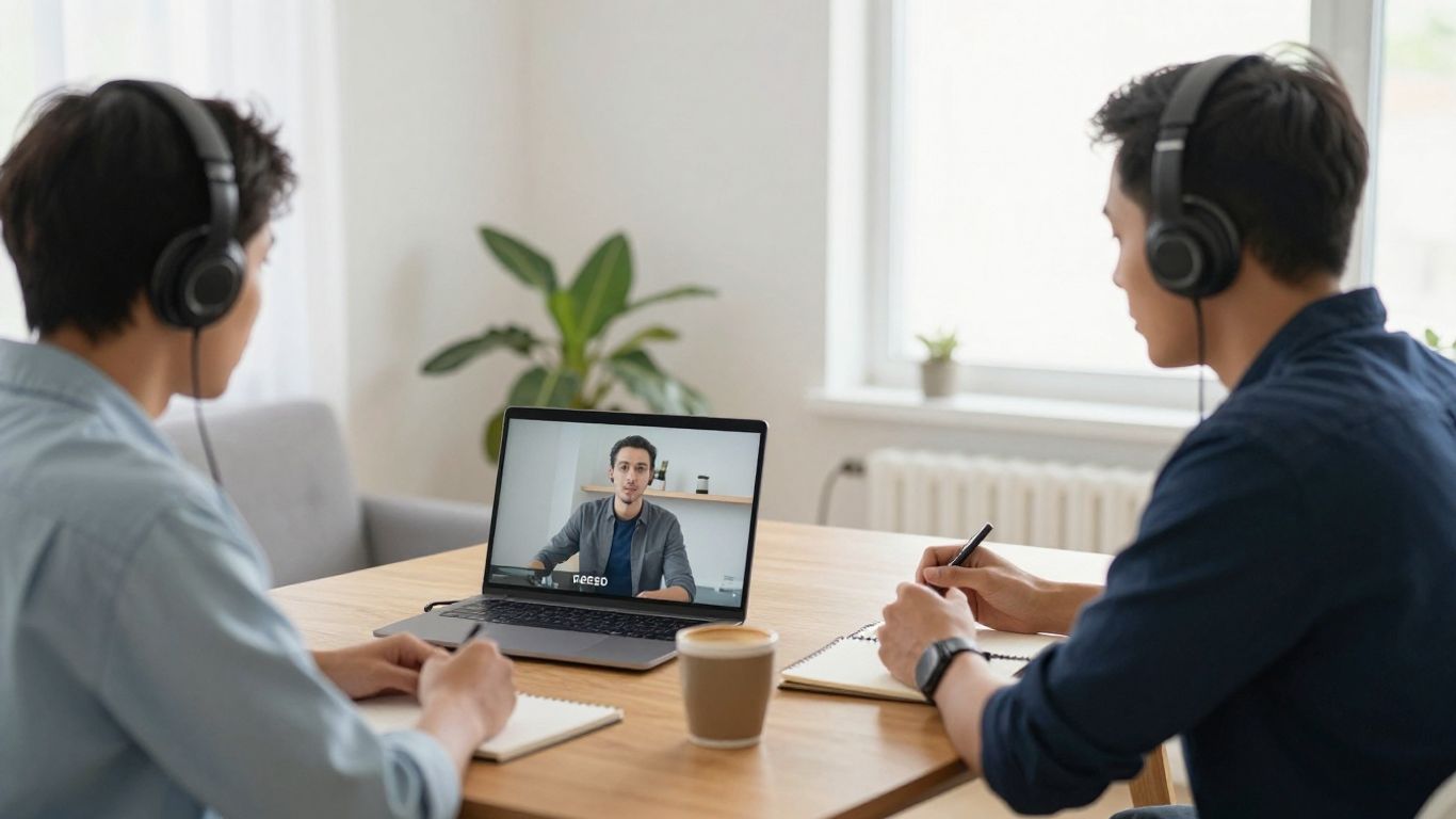 Professional coach speaking with an employee over video