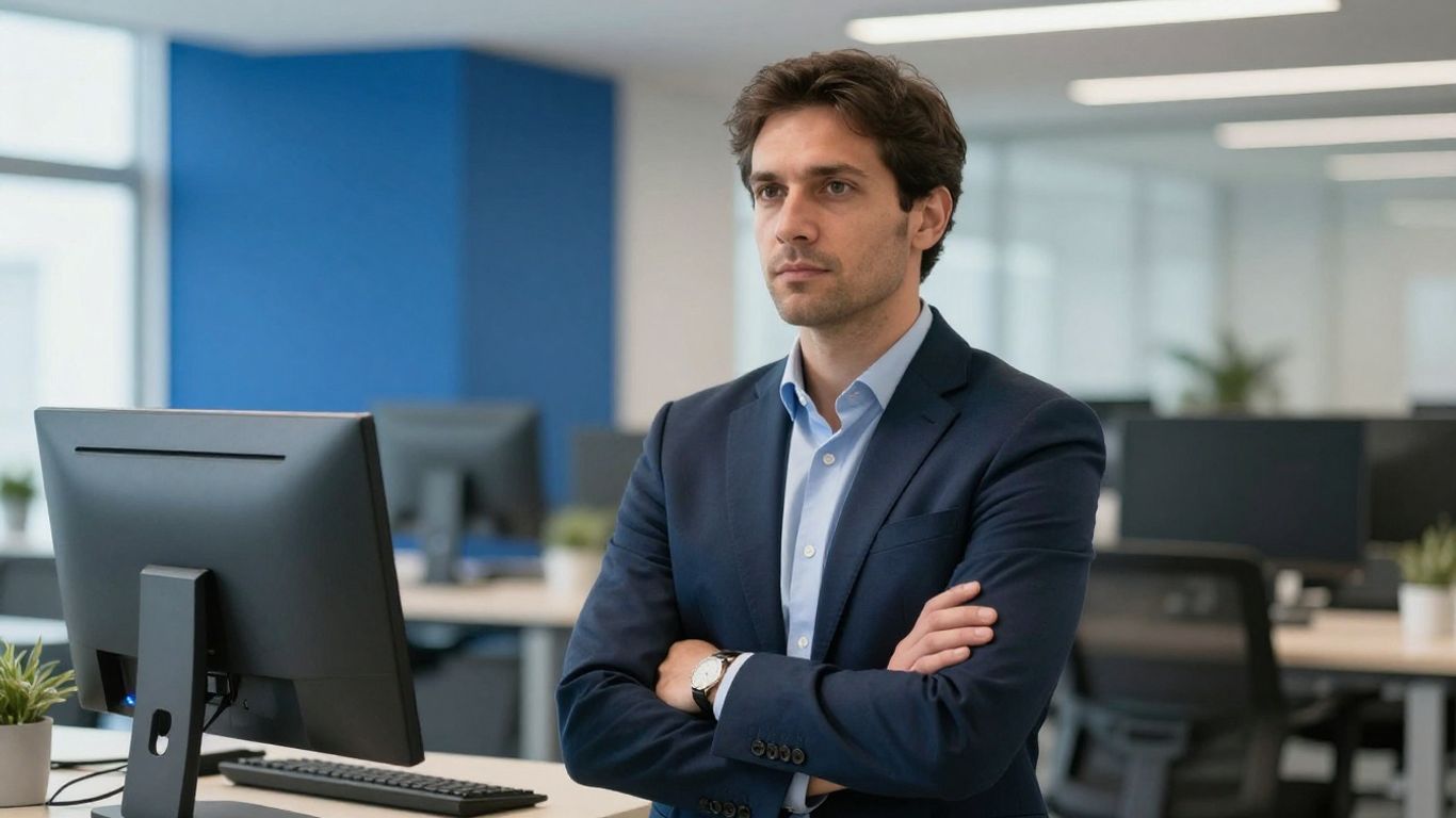 Logistikmanager im Büro mit dezenten blauen Akzenten.