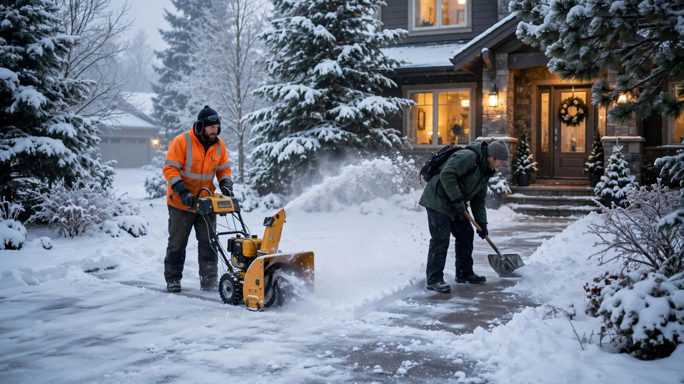 Landscaping crew clearing a snowy driveway