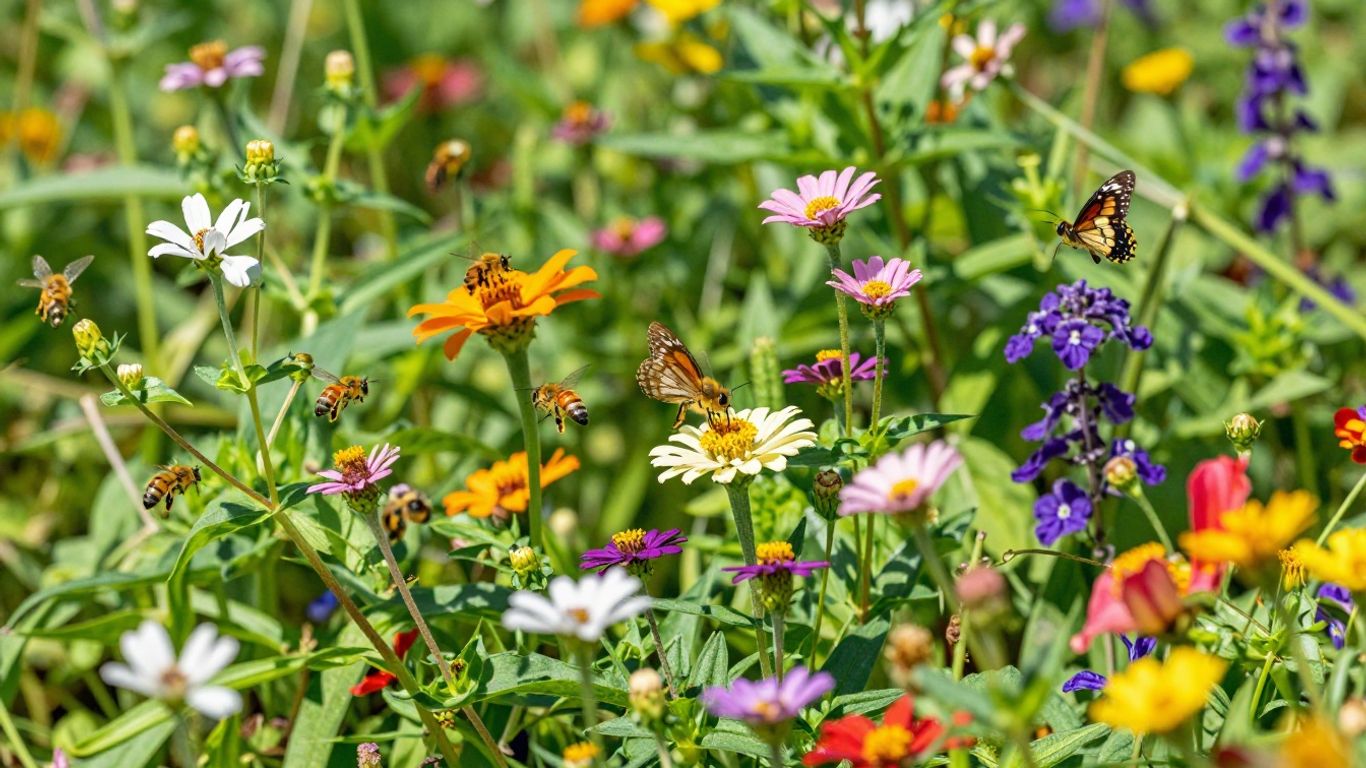 Bienen und Schmetterlinge auf bunten Blumen im Garten