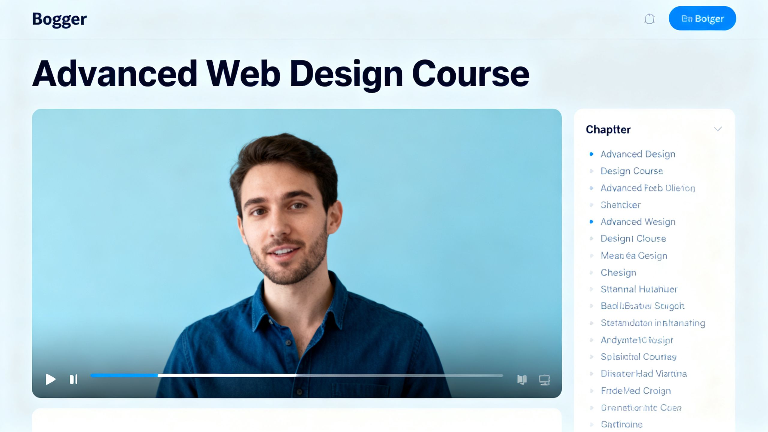 A screenshot showing the video course interface on a Blogger website, with a progress bar and chapter list.