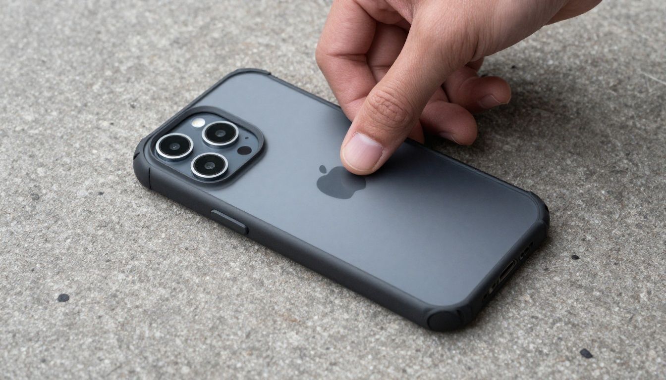 A person accidentally dropping their iPhone 15 Plus onto a hard pavement, but the phone is protected by a sturdy, heavy-duty case.