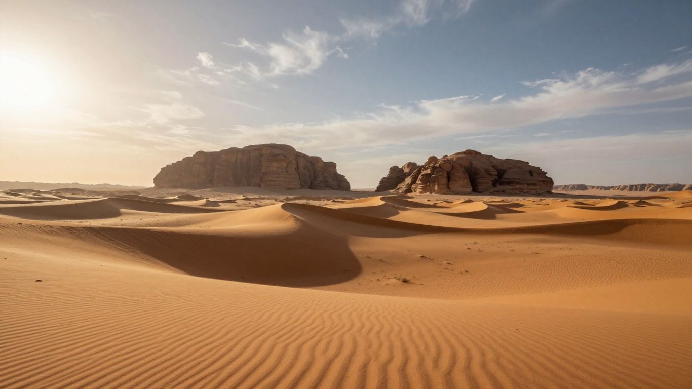 Desert dunes and distant rock formations under a dramatic sky.