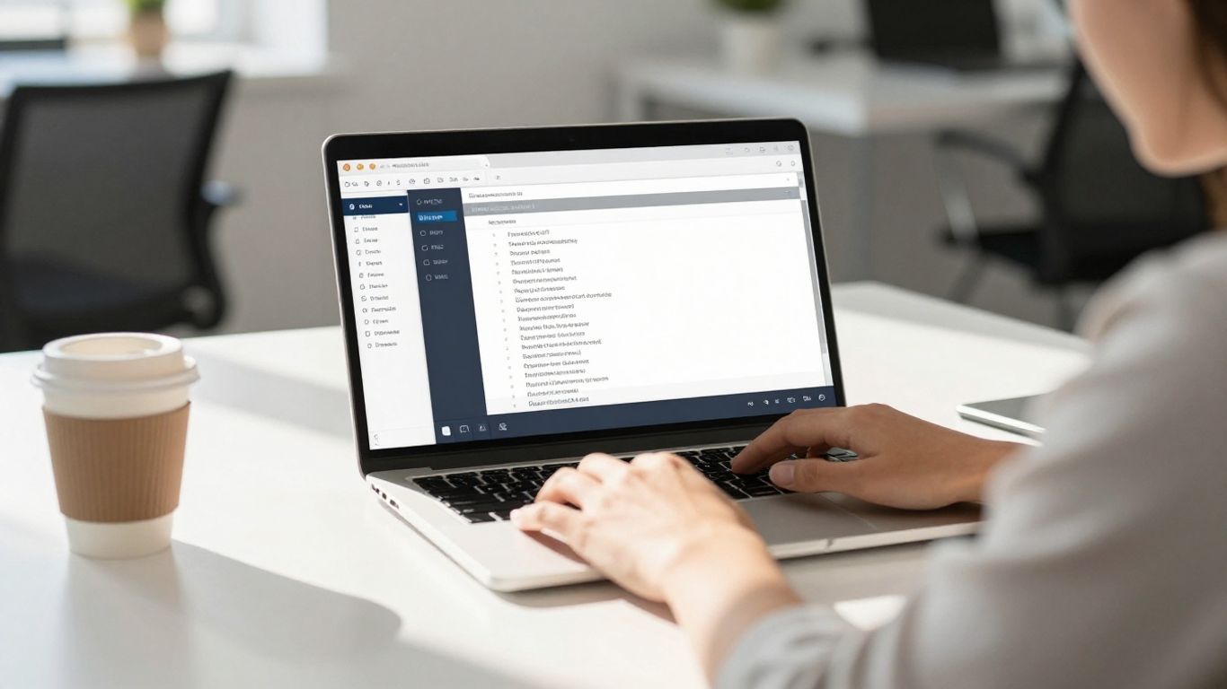 Person using Happy Scribe transcription software on a laptop.