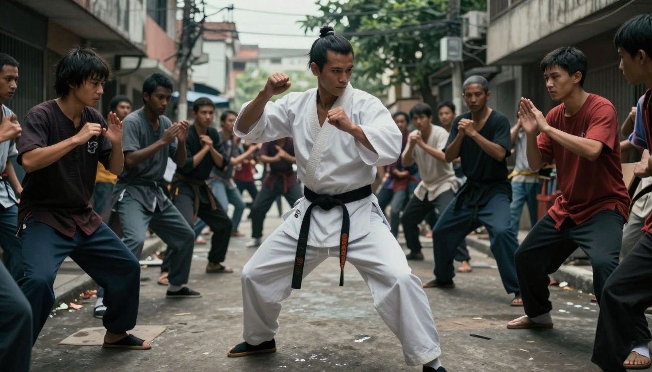 Combate intenso de Sifu em um ambiente urbano, com um artista marcial enfrentando vários inimigos entre móveis, armas improvisadas e efeitos de movimento cinematográficos