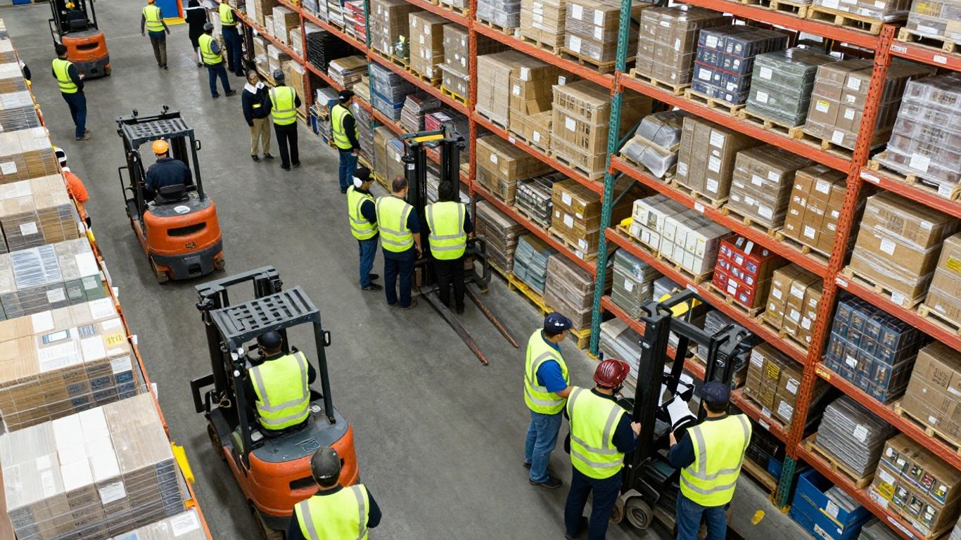 Distribution center operations with teams and automated systems.