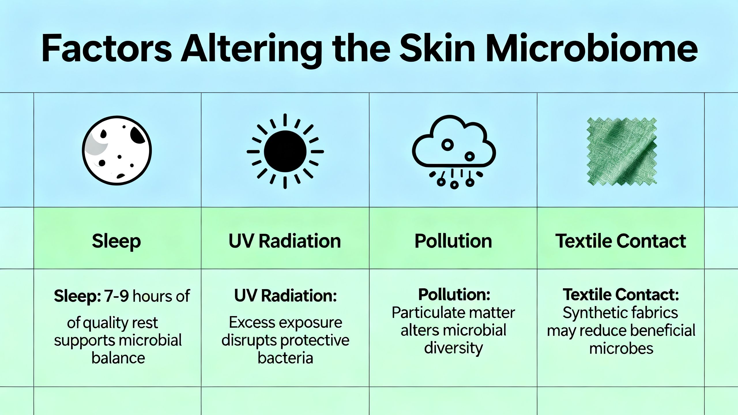 An infographic illustrating key lifestyle and environmental factors that alter the skin microbiome, including icons for sleep, UV radiation, pollution, and textile contact.