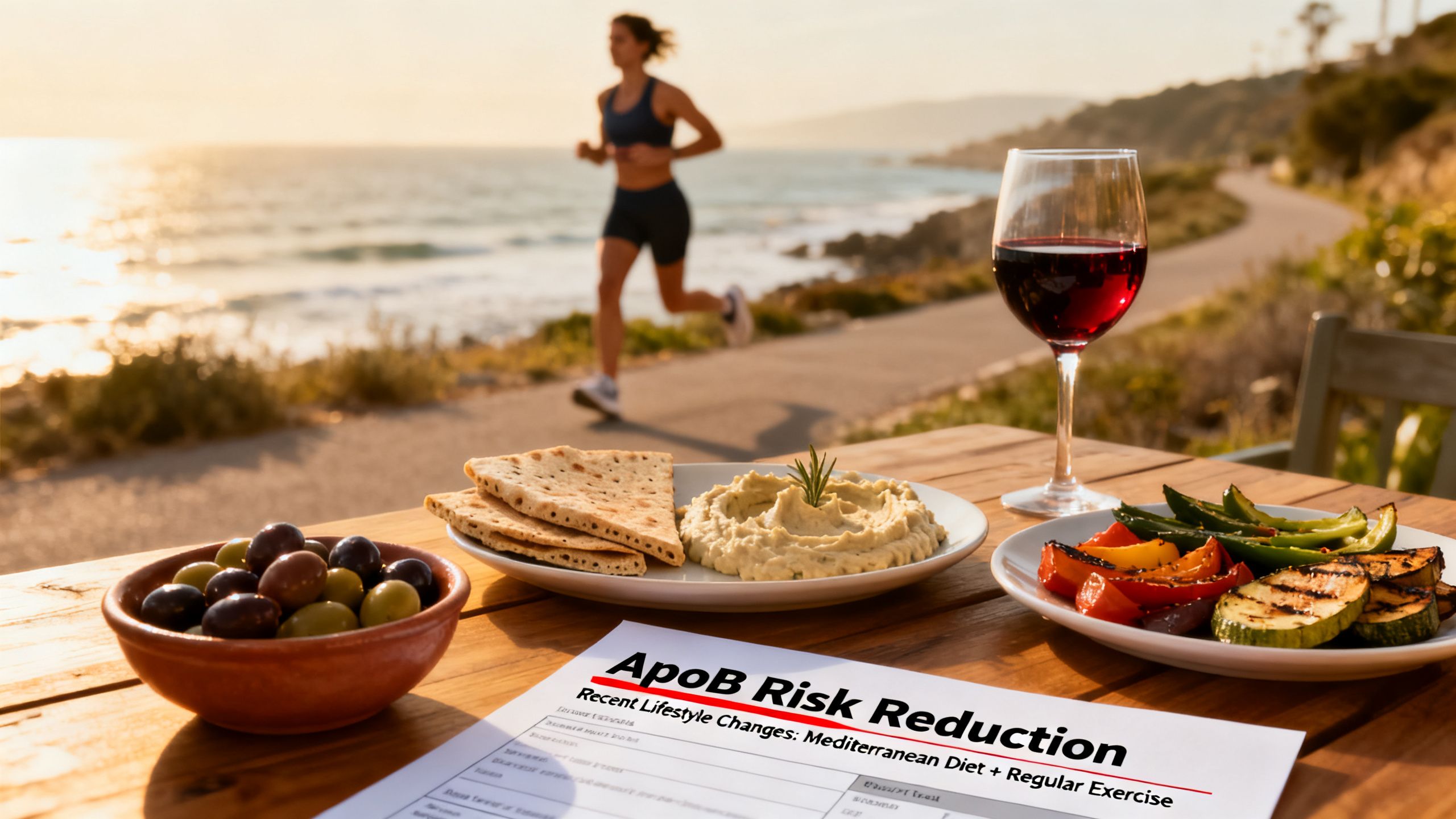 Healthy lifestyle scene with Mediterranean-style foods, regular exercise, and a blood test representing ApoB risk reduction