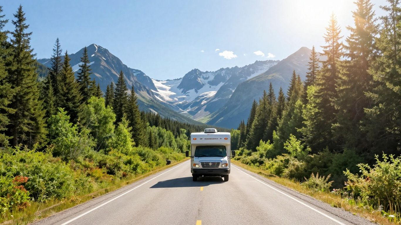 Motorhome driving on a scenic Canadian highway with mountains.