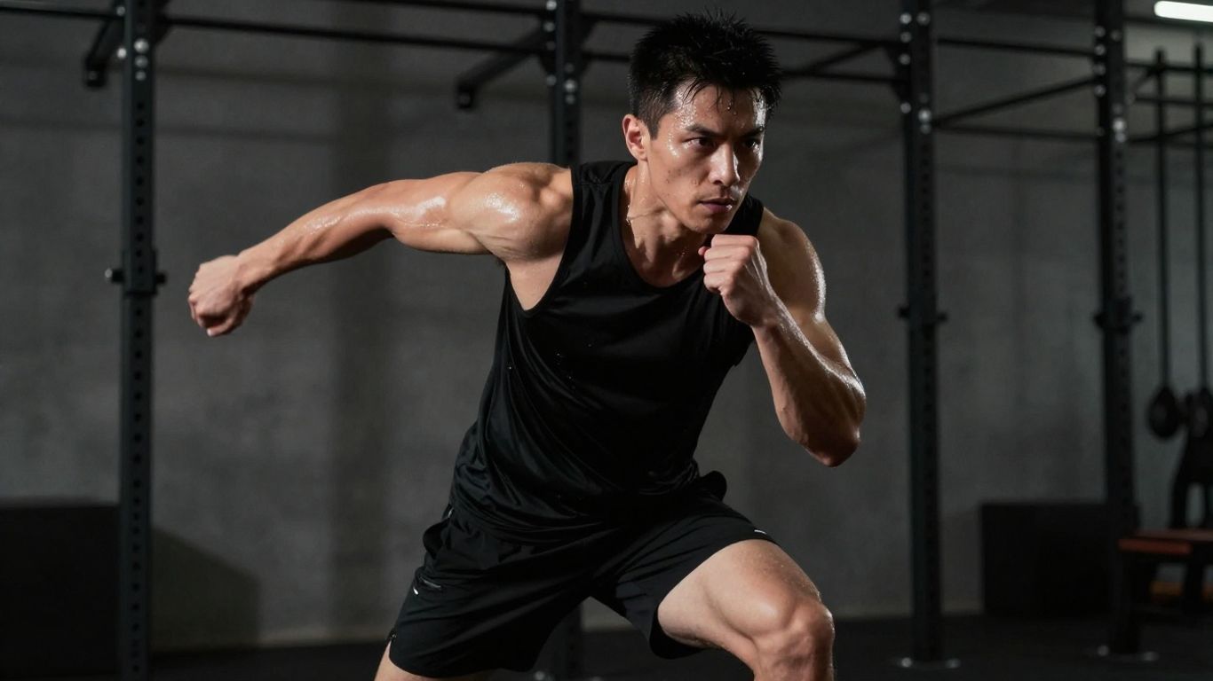 Person performing a powerful striking motion during a HIIT drill.