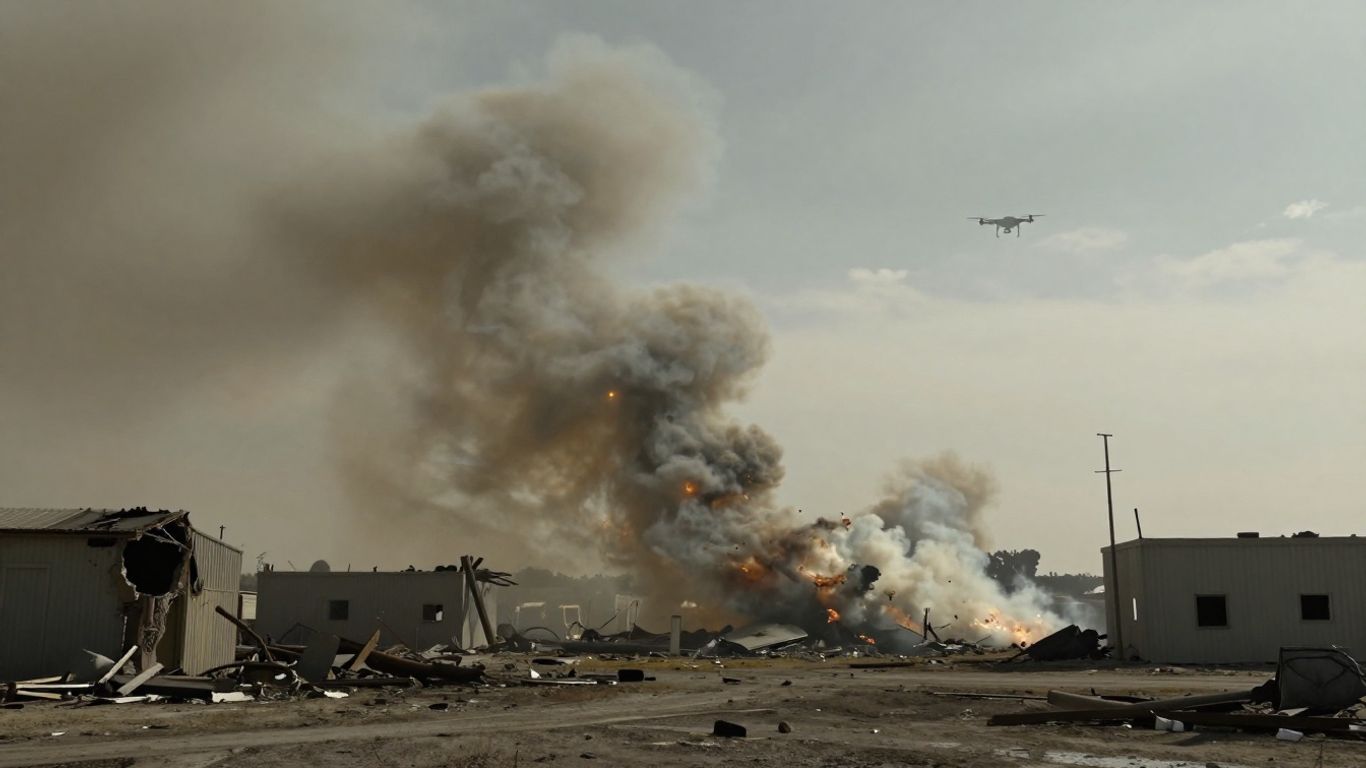 Explosion at US base with smoke and debris.