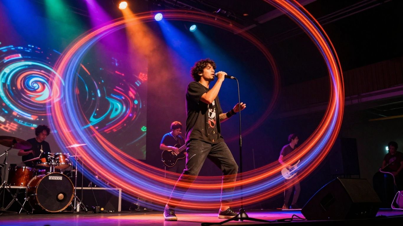 Musician performing on a colorful, spotlight-lit stage.