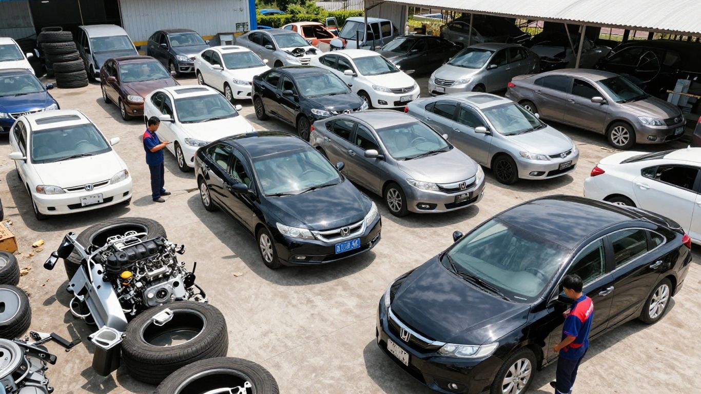 Honda car parts at a wrecking yard.