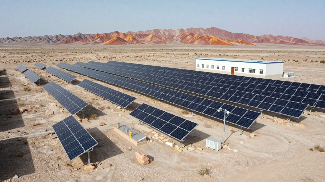 Solar panels and battery storage across desert terrain