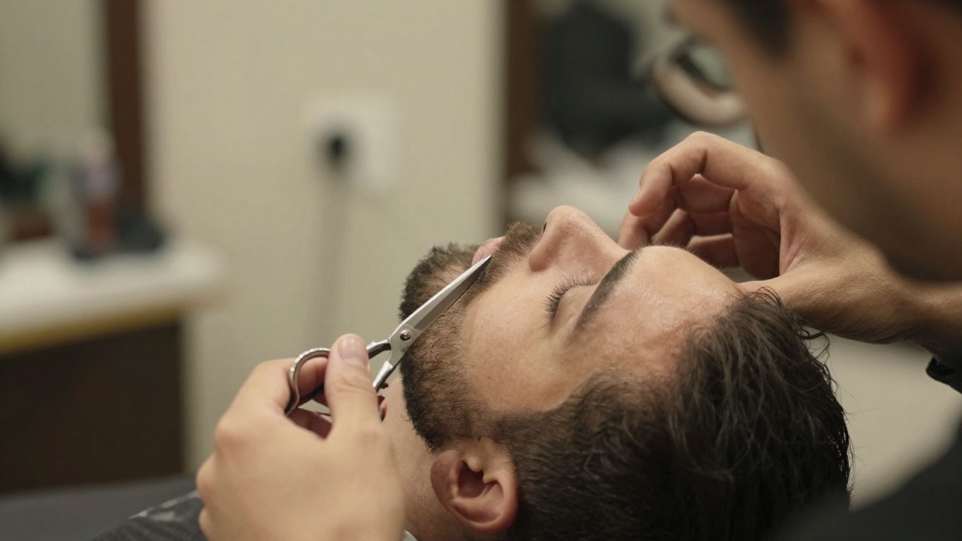 Barber trimming client's beard with scissors.