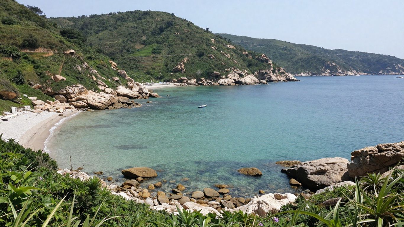 Numana cove framed by green coastal slopes