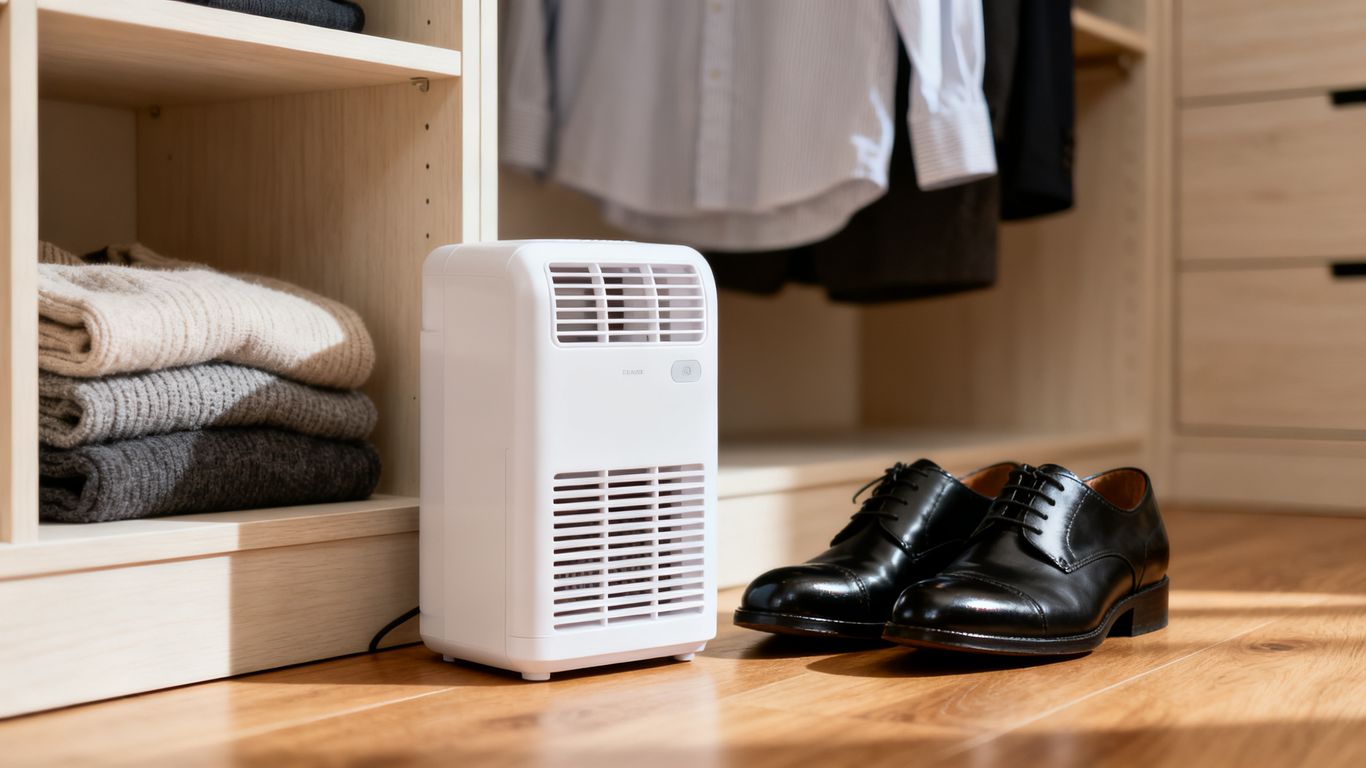 A modern dehumidifier unit placed in a closet