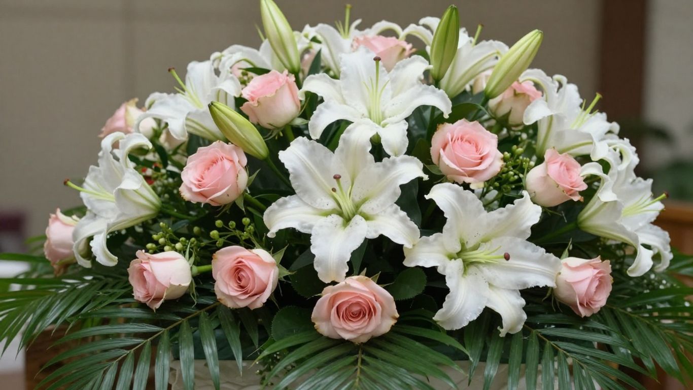 Funeral flower arrangement with lilies and roses.