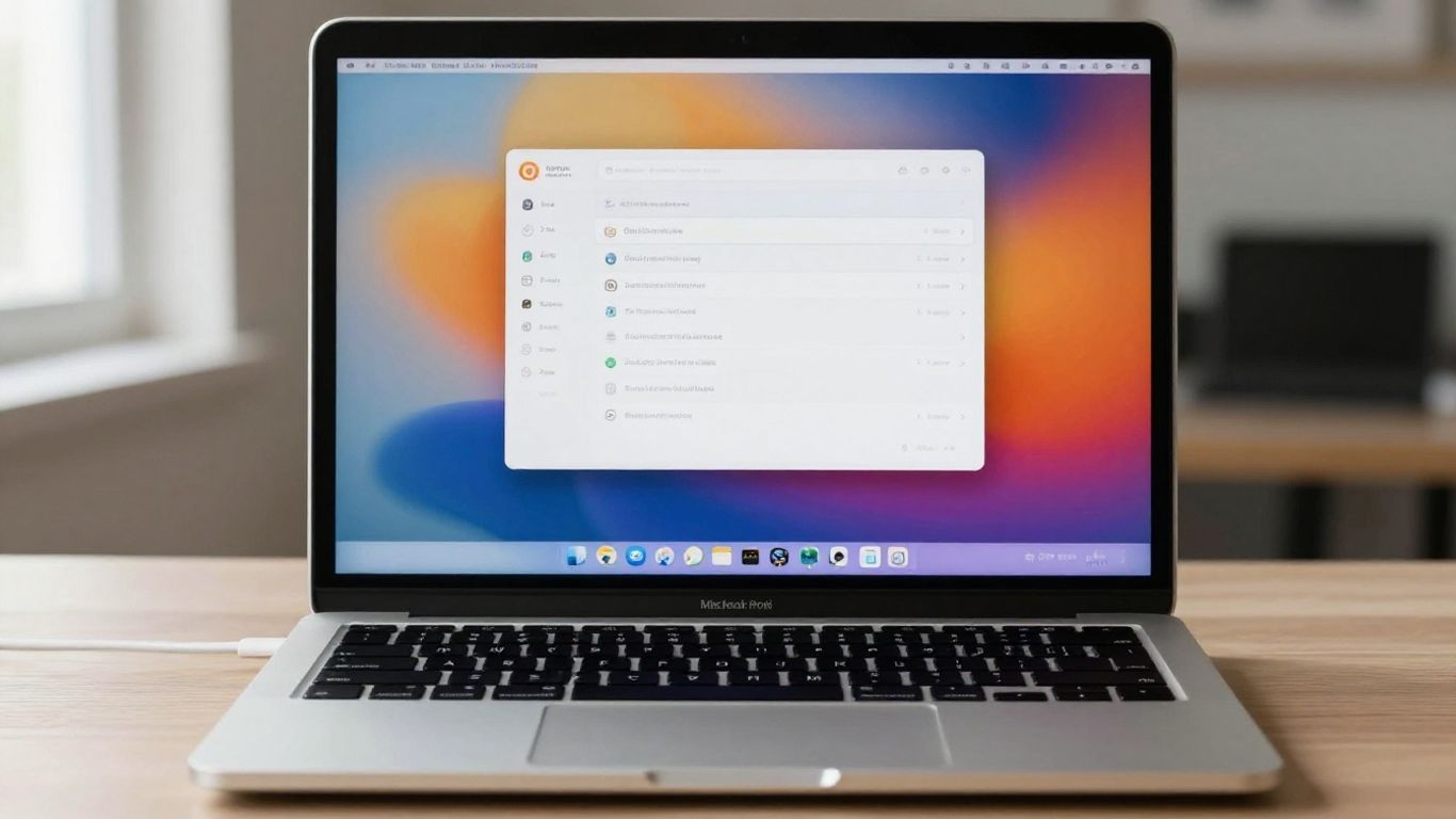 MacBook con iconos coloridos y fondo digital.