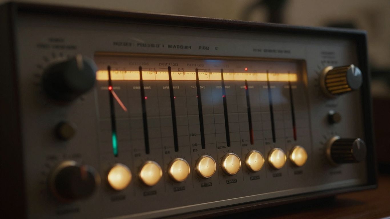 Vintage audio equalizer with glowing VU meters and colorful sliders.