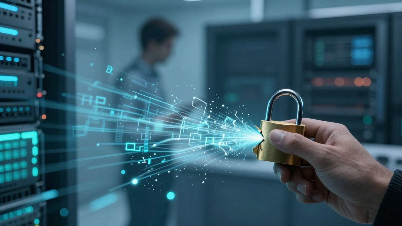 Cracked padlock with data leaking from a server.