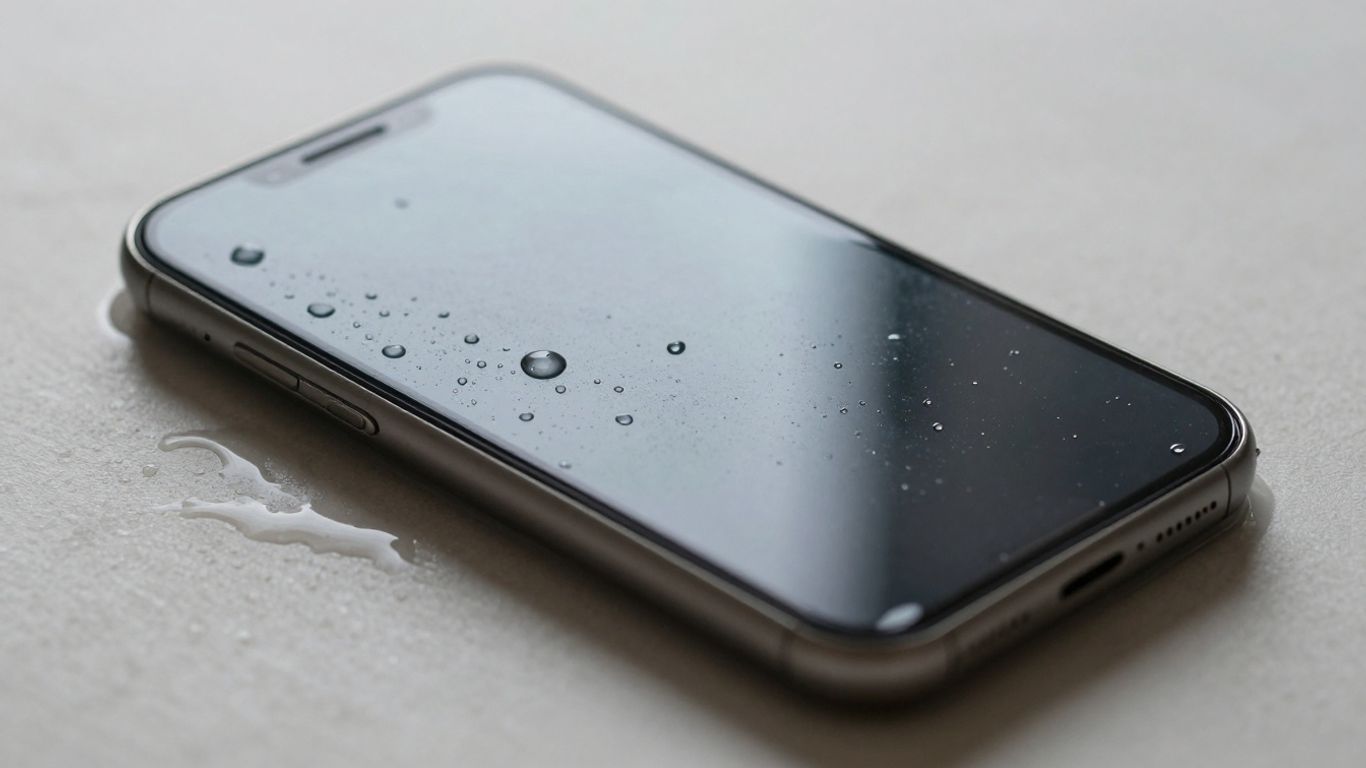 Smartphone submerged in water, screen dark.