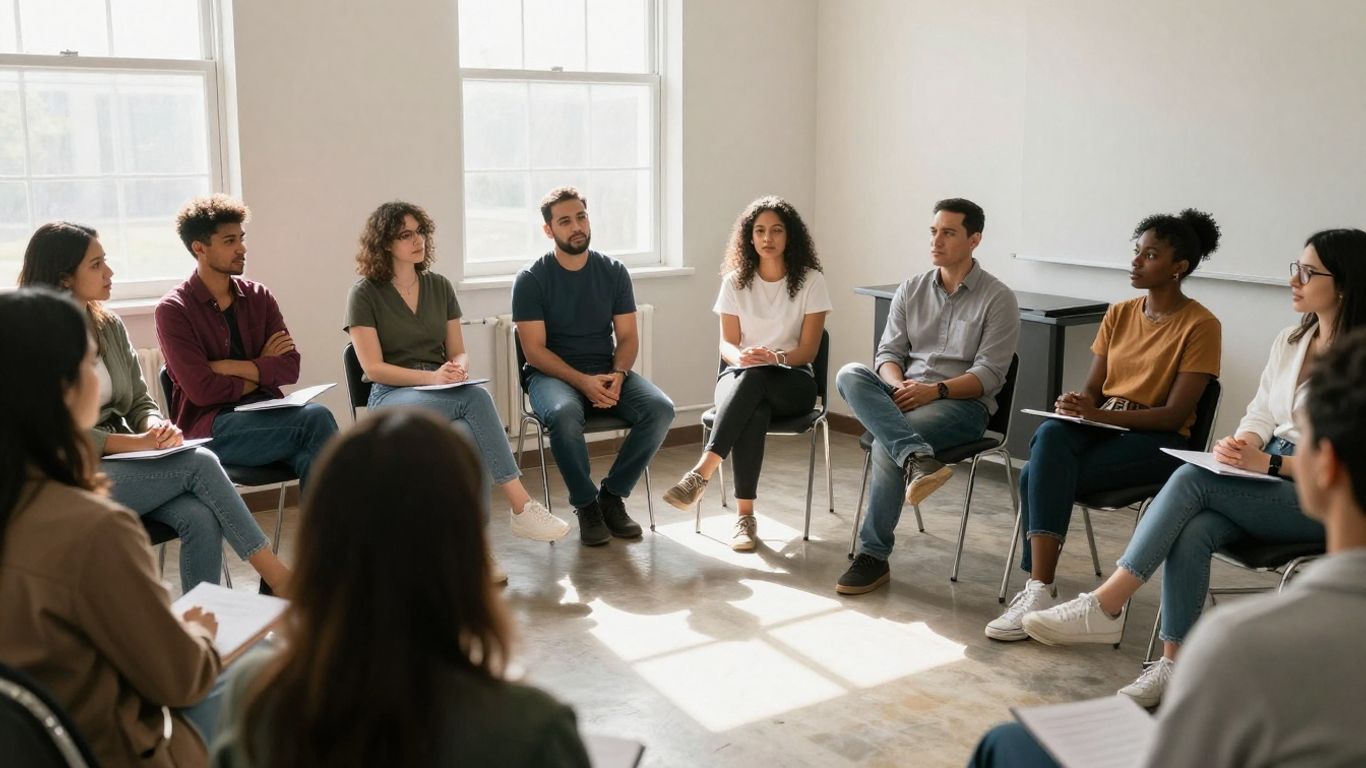 Oameni participând la o întâlnire comunitară, discutând.