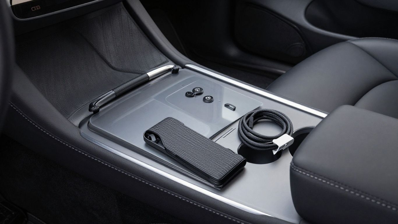Tesla accessories arranged beside a clean electric vehicle