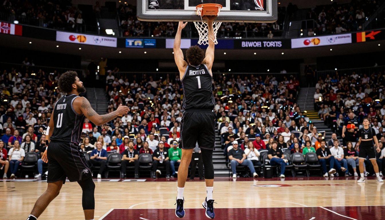 Um jogador de basquete profissional fazendo uma enterrada espetacular em uma arena lotada e iluminada com alta tecnologia