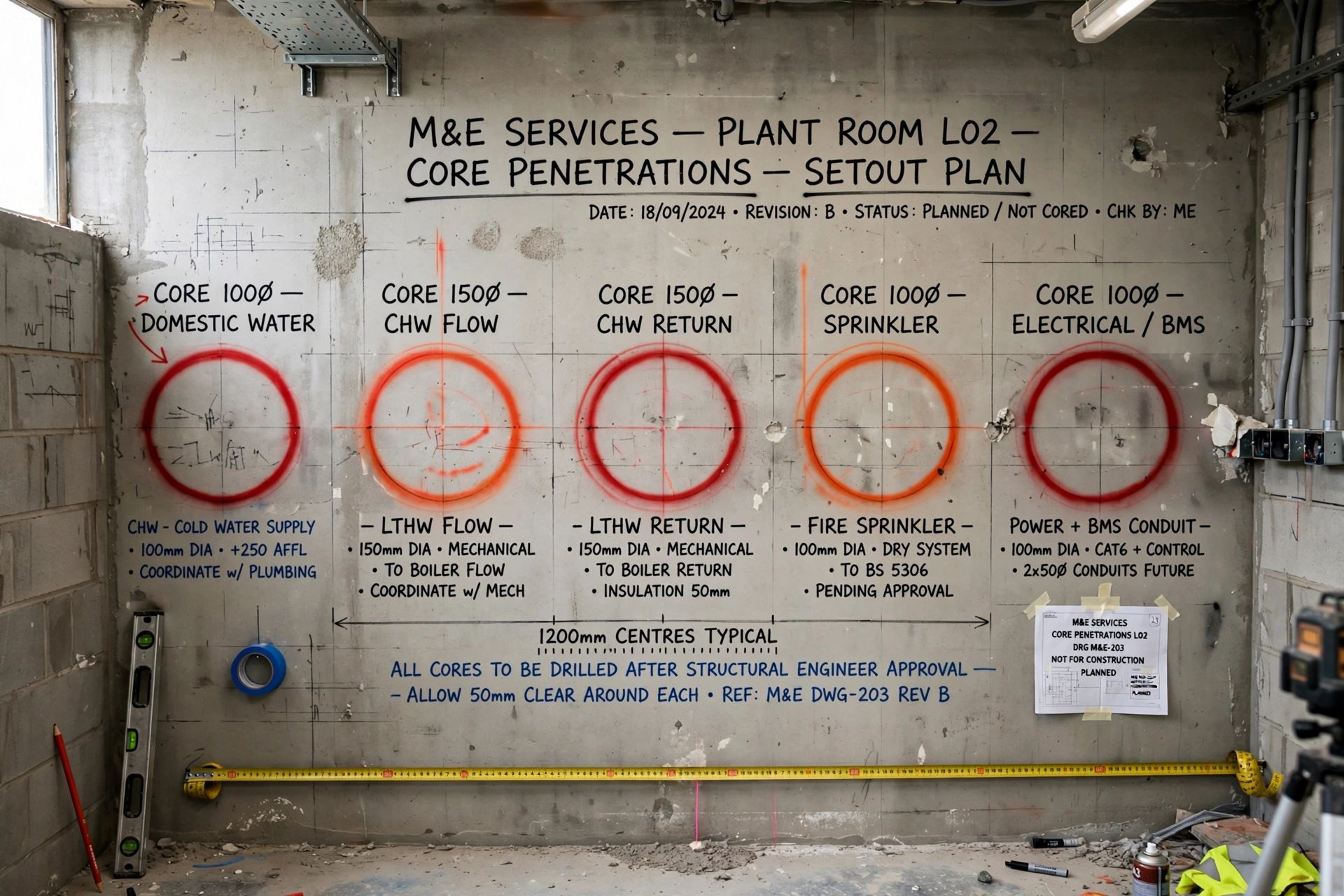 A row of planned service core openings through a commercial plant room wall for M&E installations