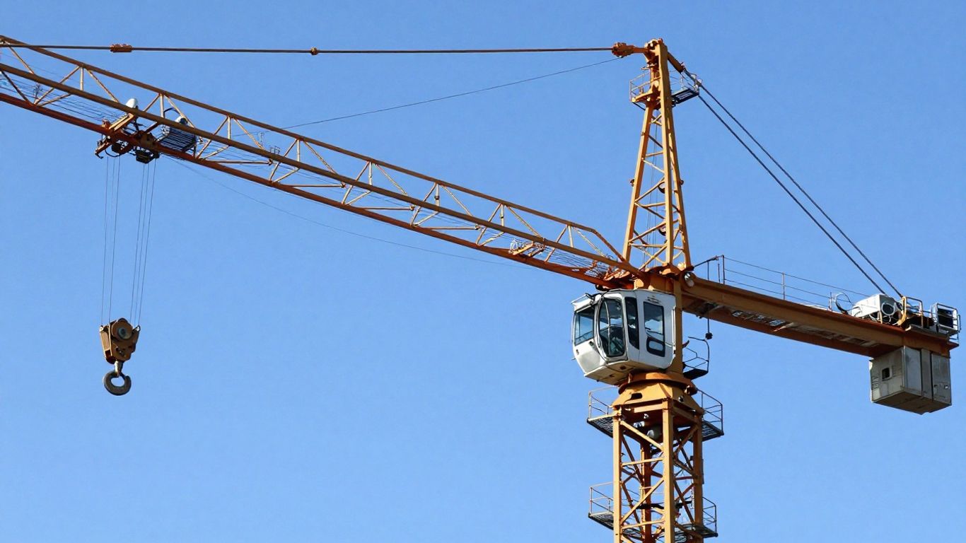 Mobile crane boom and hook against blue sky.