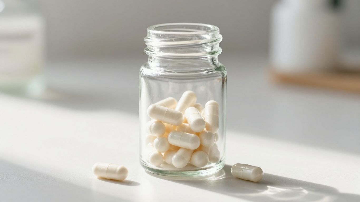 Bottle of BPC 157 capsules on a clean surface.