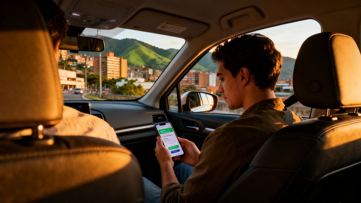 Passenger checking ride details in Medellín