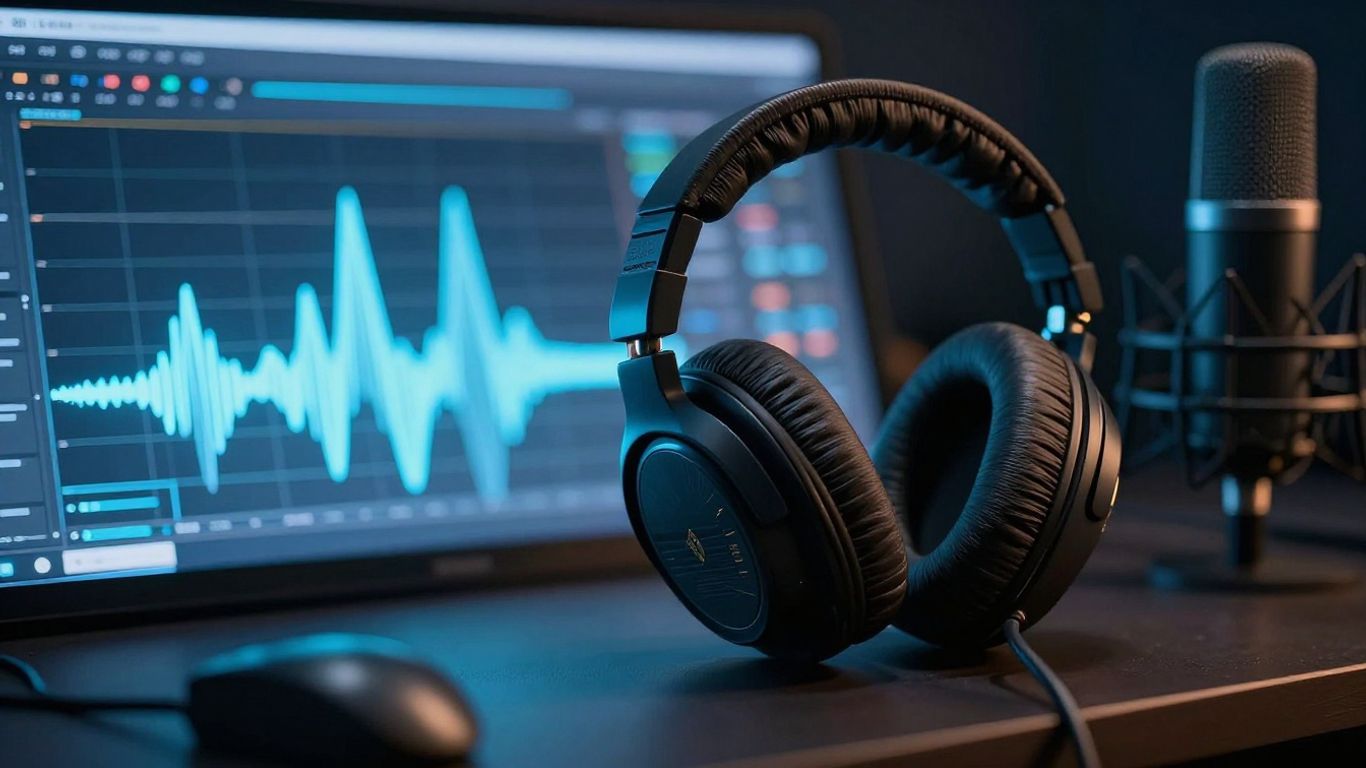 Vocal waveform beside studio headphones