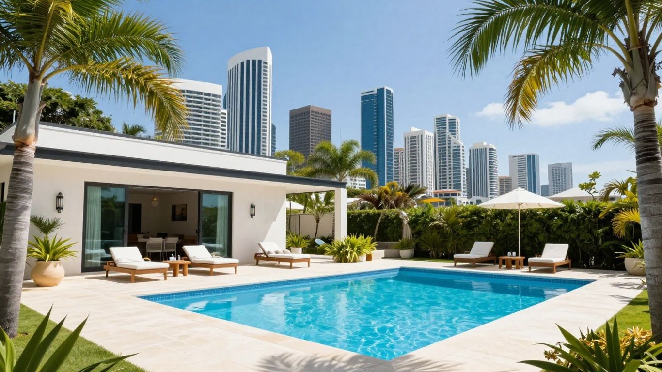 Luxury Gold Coast holiday house with pool and skyline view.