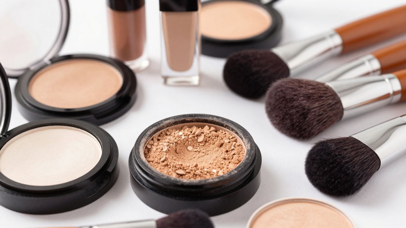 Cosmetics and makeup brushes on a clean surface.